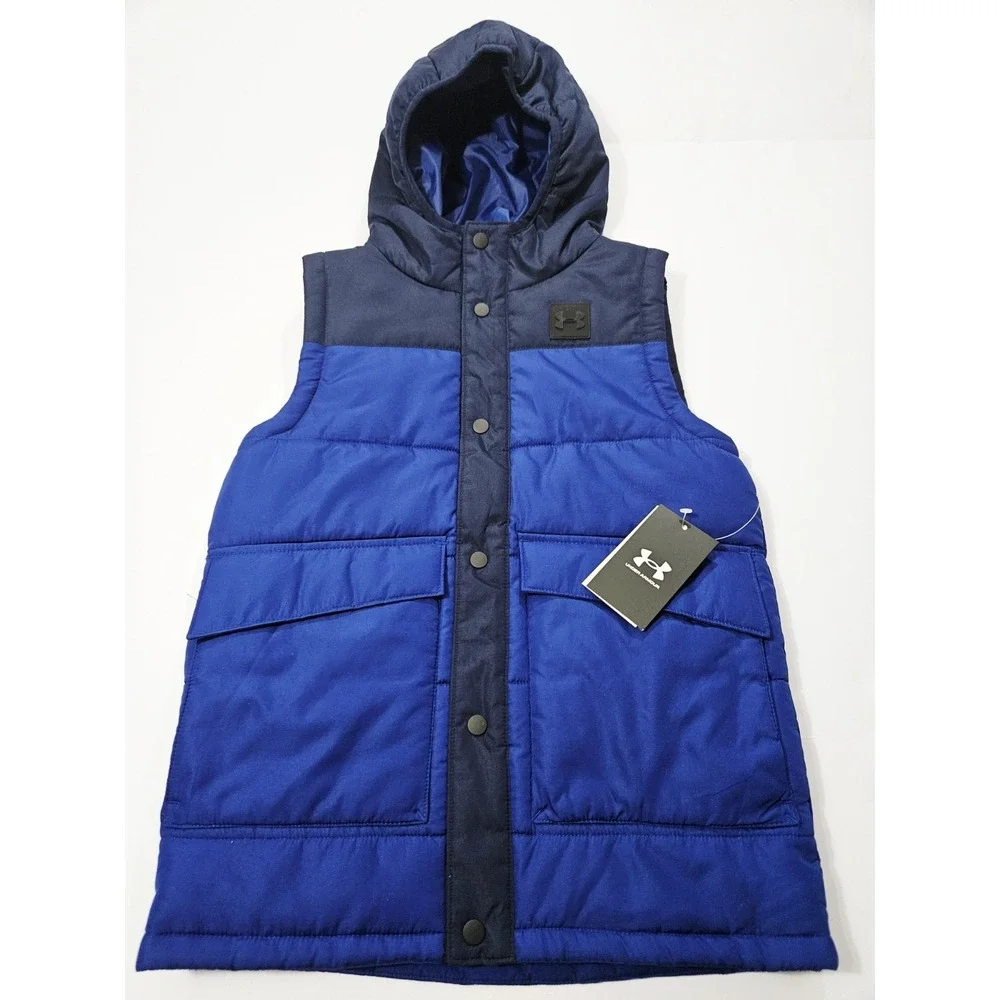 NWT Under Armour Puffer Vest Blue Boys Size YMD Hooded Winter Cozy Zip‎